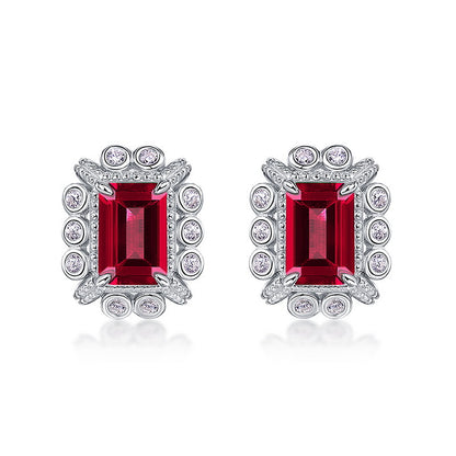 Geometric Lab-Grown Emerald Stud Earrings - S925 Sterling Silver Halo Design