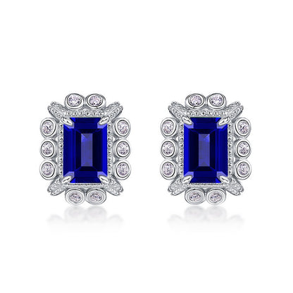 Geometric Lab-Grown Emerald Stud Earrings - S925 Sterling Silver Halo Design