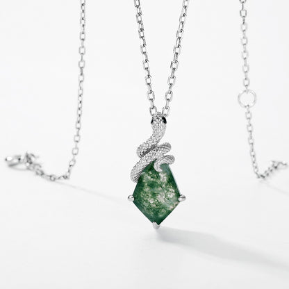 Snake Moss Agate Pendant Necklace | S925 Sterling Silver