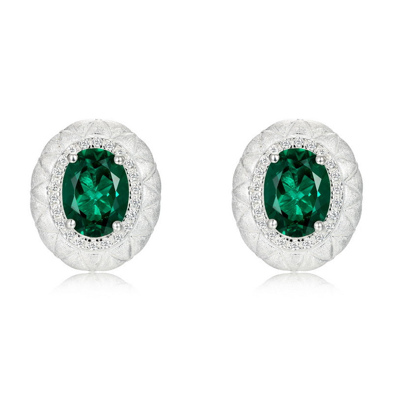Textured Geometry: Diamond-Pattern Engraved Emerald-Cut Emerald Stud Earrings | 925 Silver | Dapaza