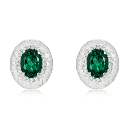 Textured Geometry: Diamond-Pattern Engraved Emerald-Cut Emerald Stud Earrings | 925 Silver | Dapaza