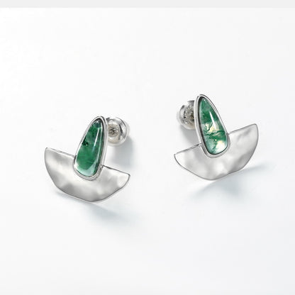 Irregular Moss Agate Stud Earrings | S925 Silver & White Shell