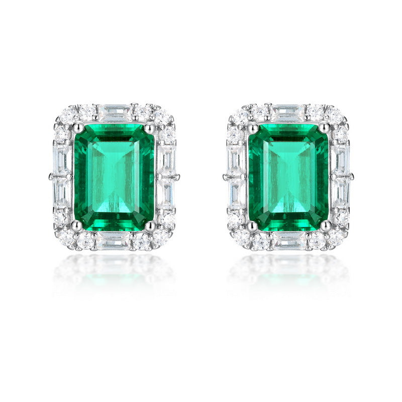 Lab-Grown Emerald Baguette Halo Stud Earrings - S925 Sterling Silver