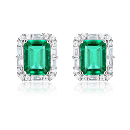 Lab-Grown Emerald Baguette Halo Stud Earrings - S925 Sterling Silver