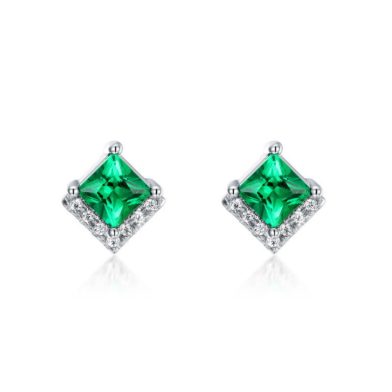 Lab-Grown Emerald Square Halo Stud Earrings - S925 Sterling Silver
