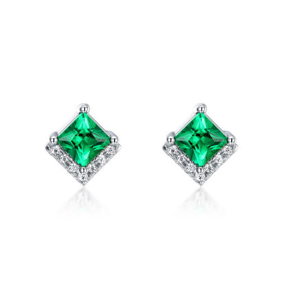 Lab-Grown Emerald Square Halo Stud Earrings - S925 Sterling Silver