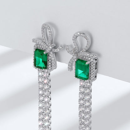 Sustainable 2.6CT Lab-Grown Emerald Bow Tassel Earrings | 71mm Drop Platinum Plated 925 Silver | Dapaza