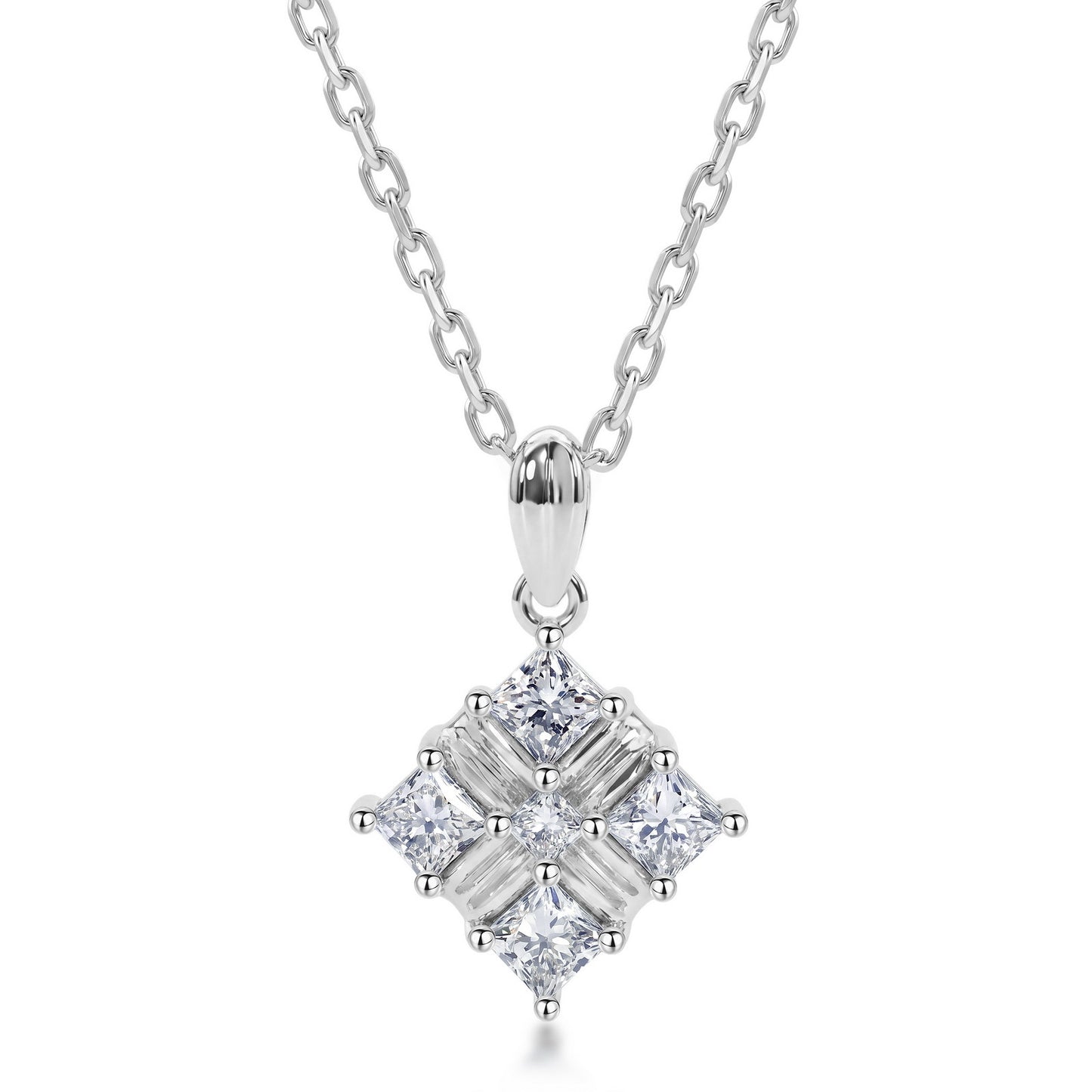 Modern 0.70CTW Princess & Baguette Cut HPHT Lab Grown Diamond Geometric Lozenge Pendant Necklace | S925 Sterling Silver Clavicle Chain - Dapaza