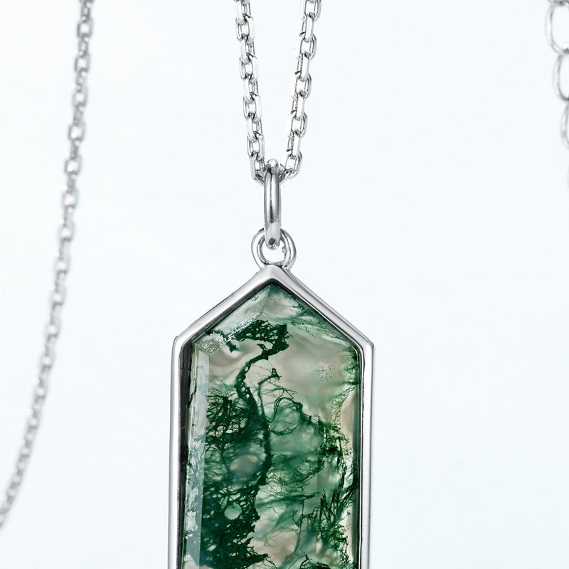 Statement Geometric Moss Agate Pendant Necklace | S925 Silver