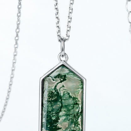 Statement Geometric Moss Agate Pendant Necklace | S925 Silver