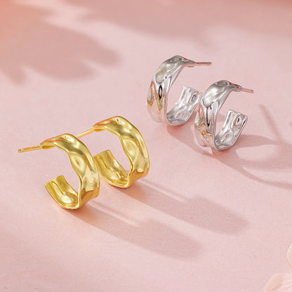 New 925 Sterling Silver Irregular Geometric Earrings - Women's Fashion Polished Foil Crinkle Studs