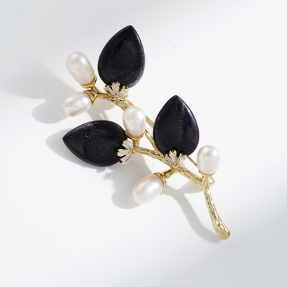 Multi-Color Natural Stone Branch & Leaf Brooch