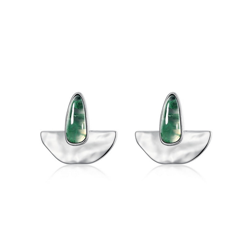 Irregular Moss Agate Stud Earrings | S925 Silver & White Shell