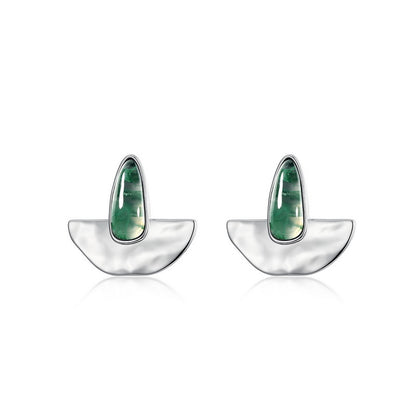 Irregular Moss Agate Stud Earrings | S925 Silver & White Shell
