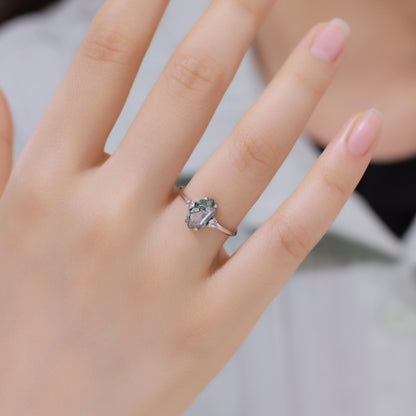 Vintage Hexagon Moss Agate 3-Stone Cluster Ring | S925 Silver