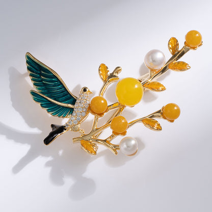 Freshwater Pearl Yellow Agate Bird Brooch