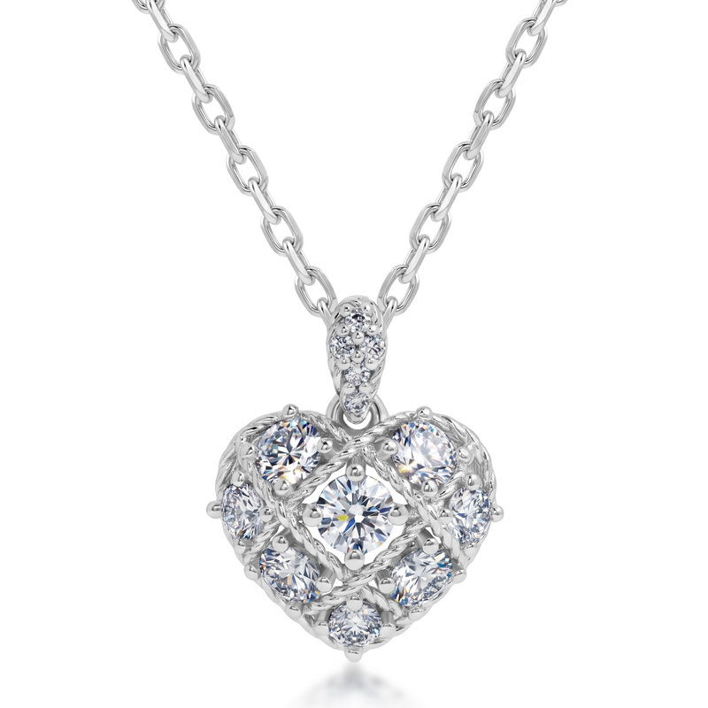Vintage 0.83CTW HPHT Round Lab Grown Diamond Plaid Heart Pendant Necklace | S925 Sterling Silver Braided Lattice Clavicle Chain - Dapaza
