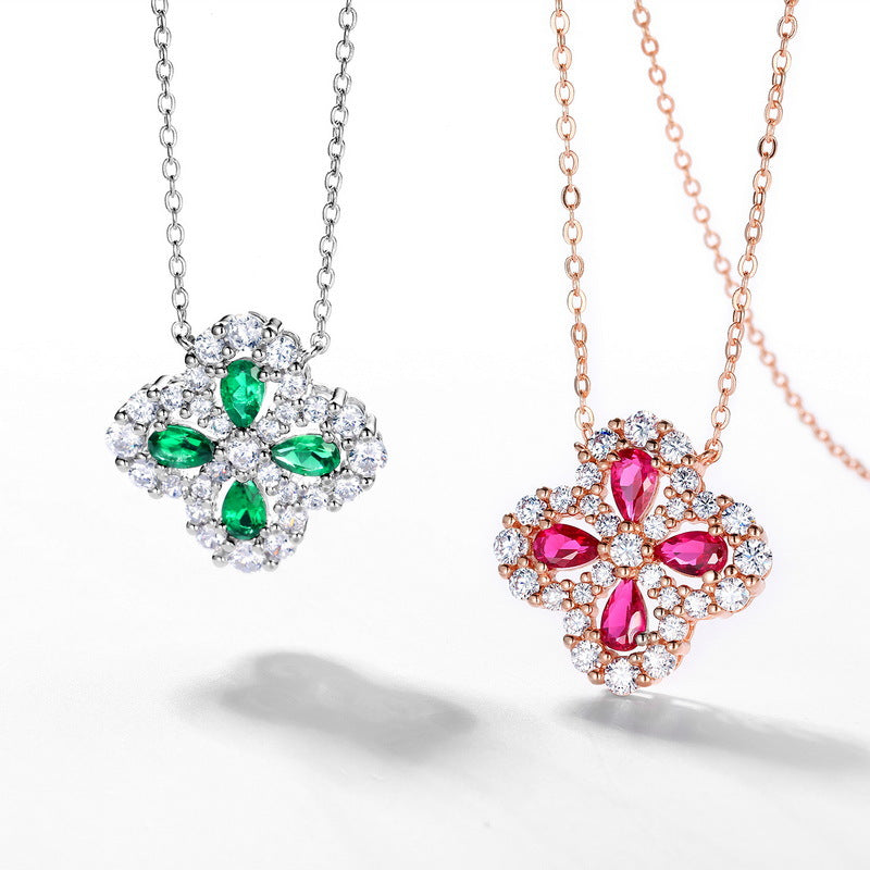 Lab-grown Emerald Clover Ring with S925 Sterling Silver and Lab-grown Ruby Jewelry Set