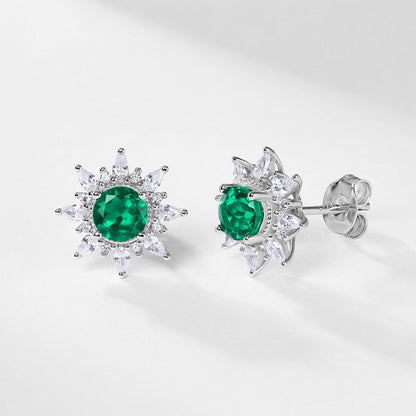 Lab-Grown Emerald Sunflower Stud Earrings - S925 Sterling Silver Halo Design