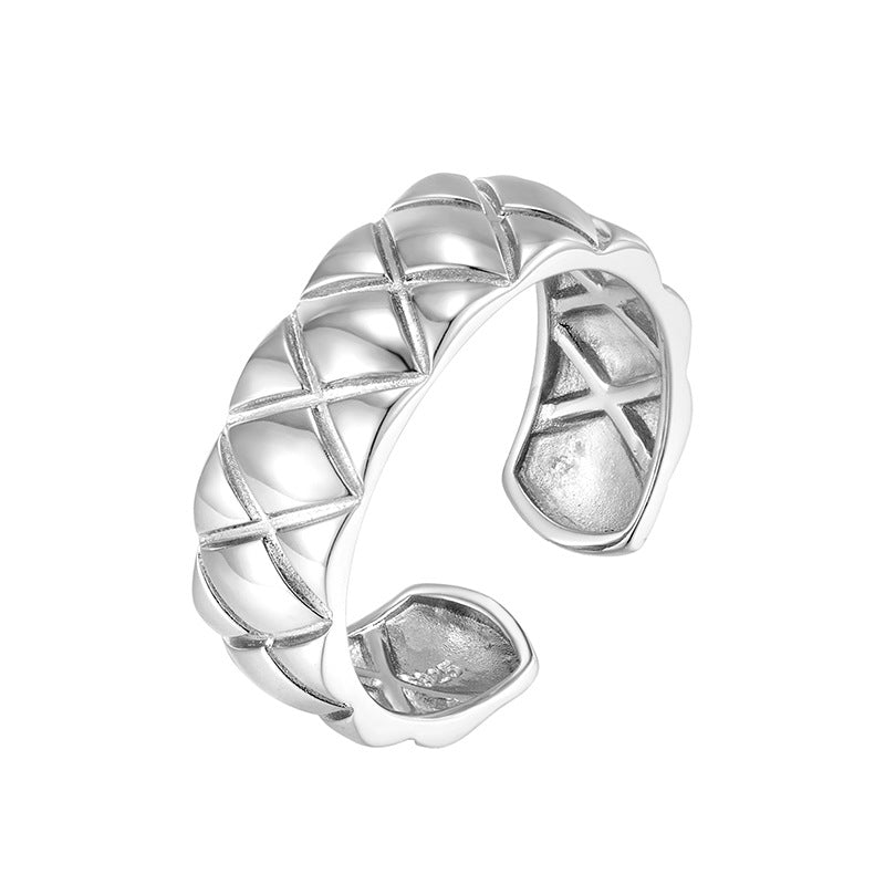 Classic S925 Sterling Silver Diamond Pattern Ring - Heavily Crafted, Exquisite, and Adjustable Open Ring