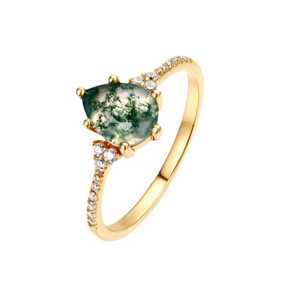 Pear-Cut Natural Moss Agate Ring - 10K Gold & S925 Sterling Silver Band