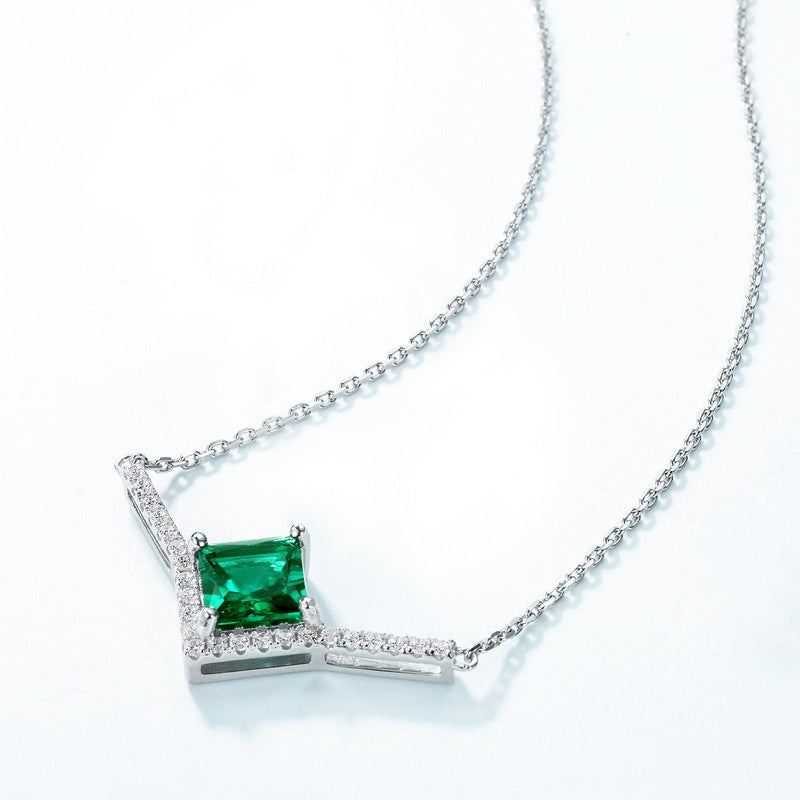 Modern Geometry: Pave-Set Lab-Grown Emerald Pendant Necklace | 925 Silver | Dapaza