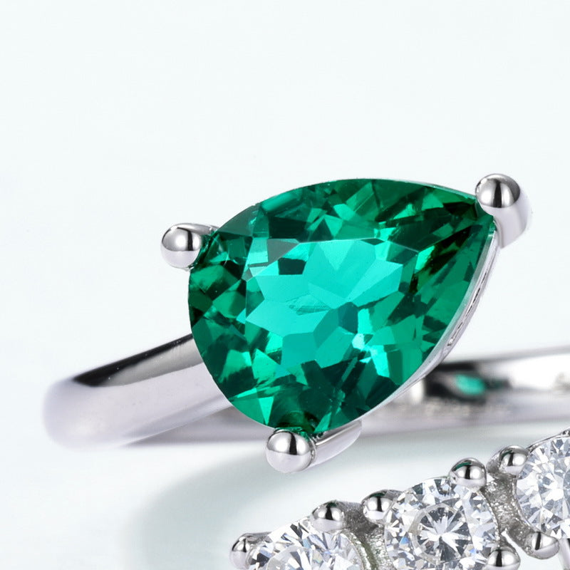 Fluid Elegance: Teardrop Lab-Grown Emerald Open Ring | 925 Silver | Dapaza