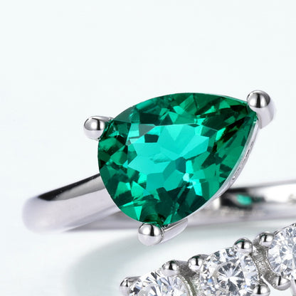 Fluid Elegance: Teardrop Lab-Grown Emerald Open Ring | 925 Silver | Dapaza