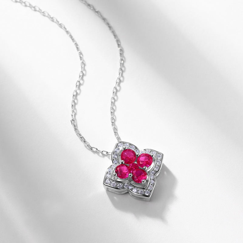 Four-Leaf Clover Lab-Grown Emerald & Ruby Necklace - S925 Sterling Silver