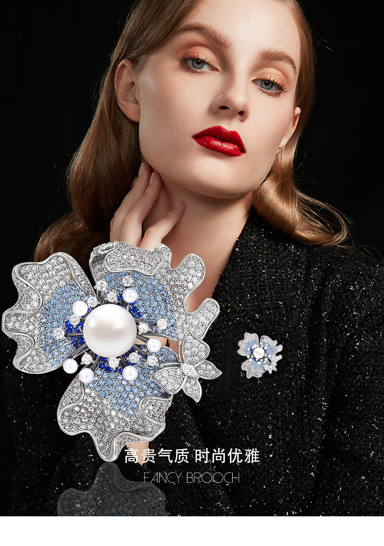 Dapaza Pearl Flower Full Diamond Zircon Brooch