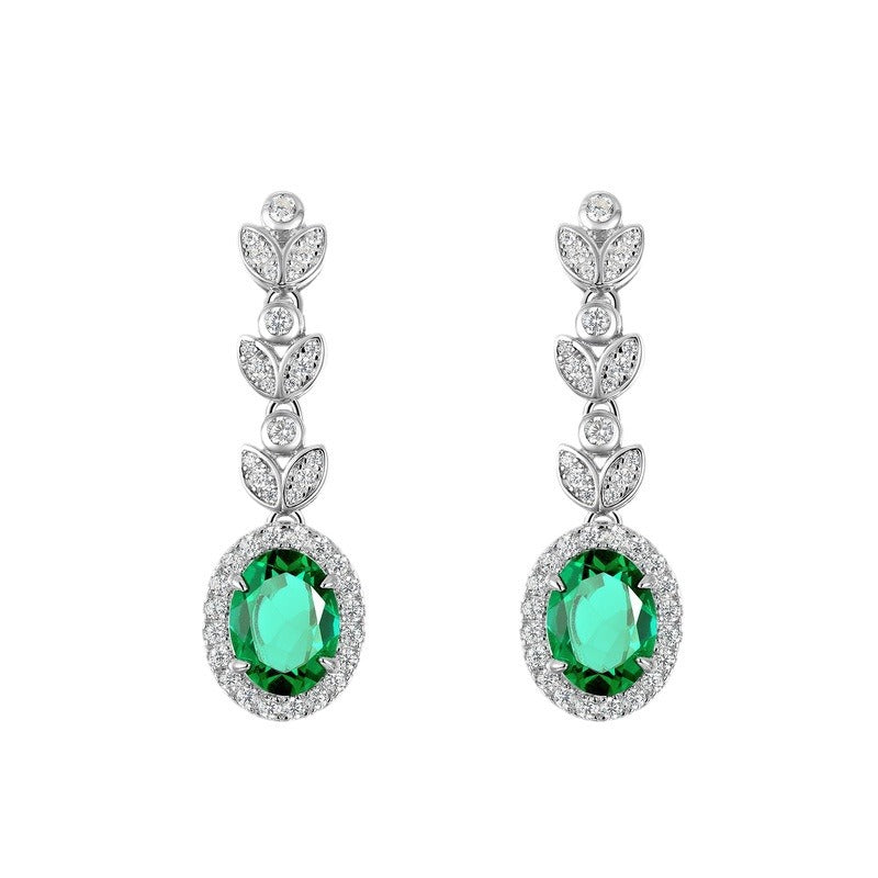 Lab-Grown Emerald Leaf Drop Earrings - S925 Sterling Silver Halo Dangles