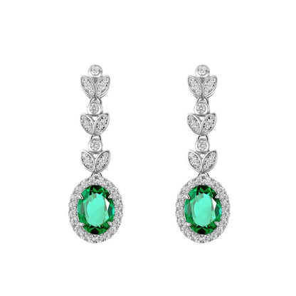 Lab-Grown Emerald Leaf Drop Earrings - S925 Sterling Silver Halo Dangles