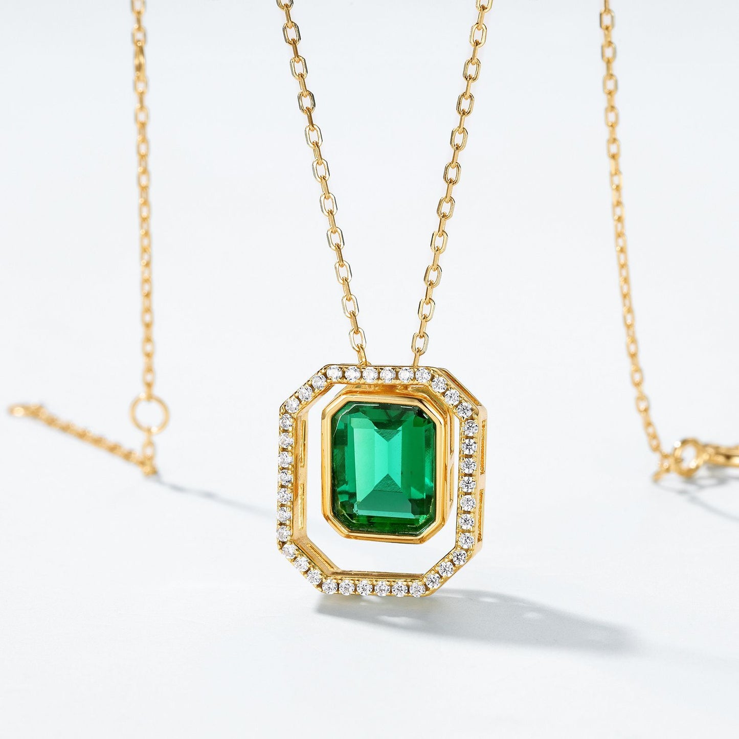 Geometric Lab-Grown Emerald Double Pendant Necklace - 10K Gold Plated S925 Silver
