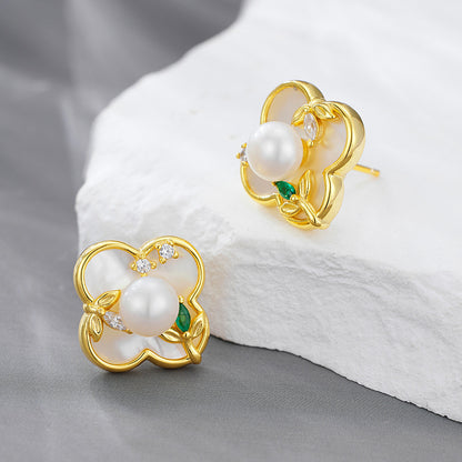 INS Hot-selling 925 Sterling Silver Lucky Grass Pearl Stud Earrings Women's Niche Design High-end Light Luxury Earrings