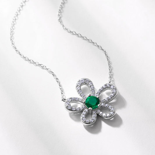Artisanal Petal: Lab-Grown Emerald Flower Pendant Necklace | 925 Silver | Dapaza