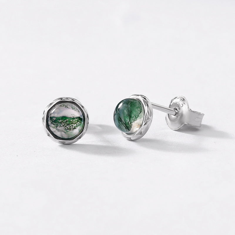 Minimalist Moss Agate Stud Earrings | 9K Gold-Plated S925 Silver