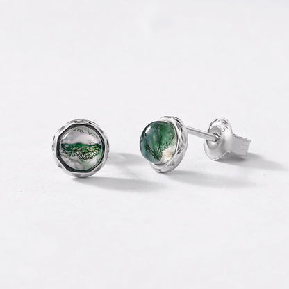 Minimalist Moss Agate Stud Earrings | 9K Gold-Plated S925 Silver