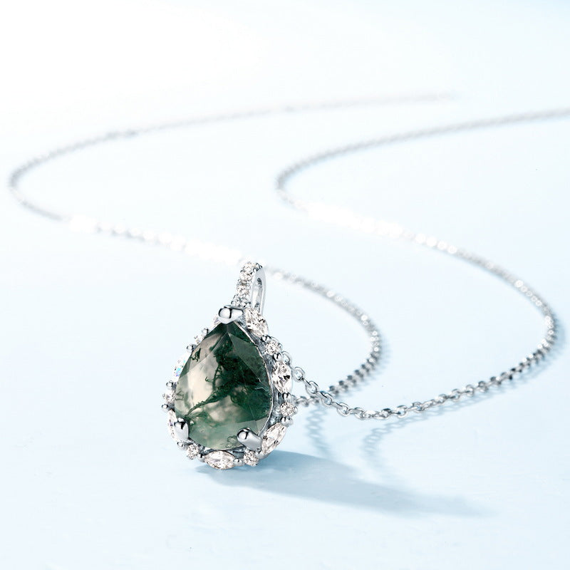 Pear-Cut Natural Moss Agate Halo Pendant Necklace - S925 Sterling Silver