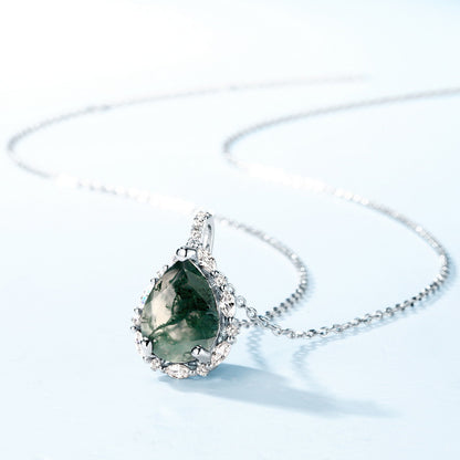 Pear-Cut Natural Moss Agate Halo Pendant Necklace - S925 Sterling Silver