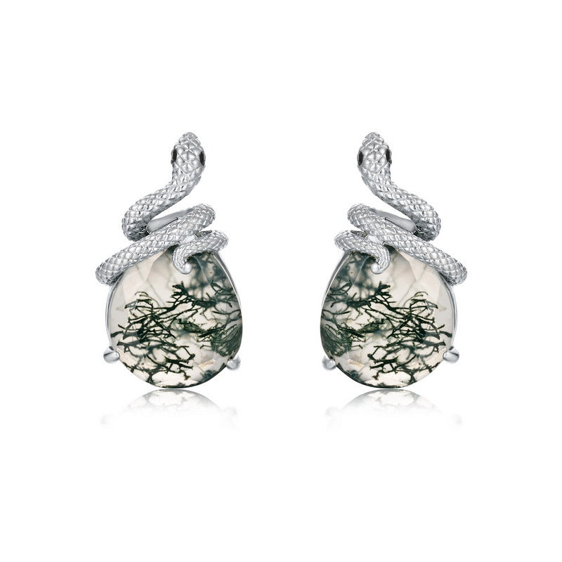Coiled Snake Moss Agate Earrings | S925 Sterling Silver