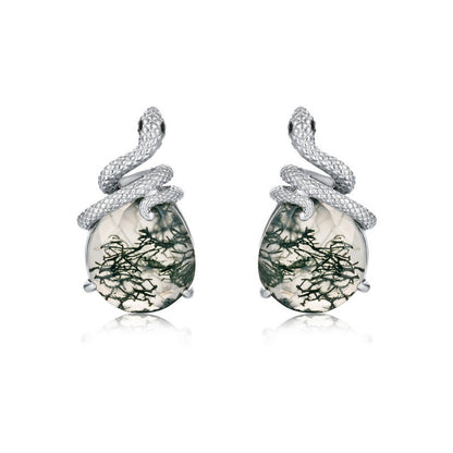 Coiled Snake Moss Agate Earrings | S925 Sterling Silver