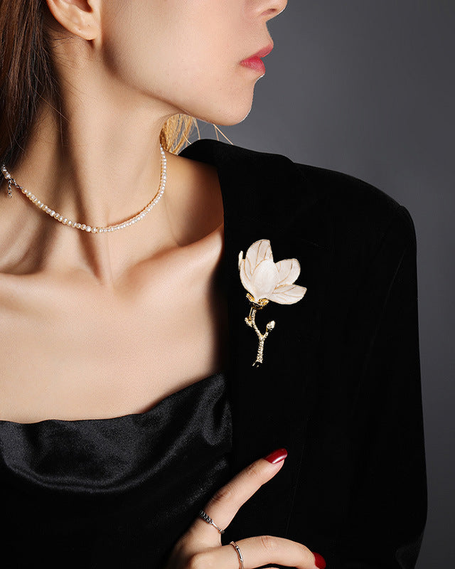 French Vintage Enamel Magnolia Brooch