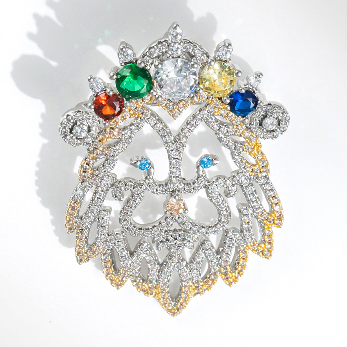 Two-tone Gold Colored Lion Head Diamond Brooch