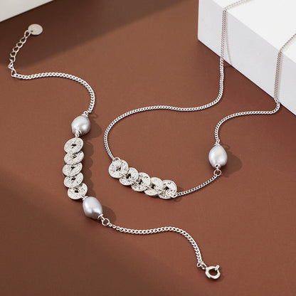 S925 Sterling Silver Five Emperors Money Necklace Niche Broken Irregular Baroque Bracelet Women