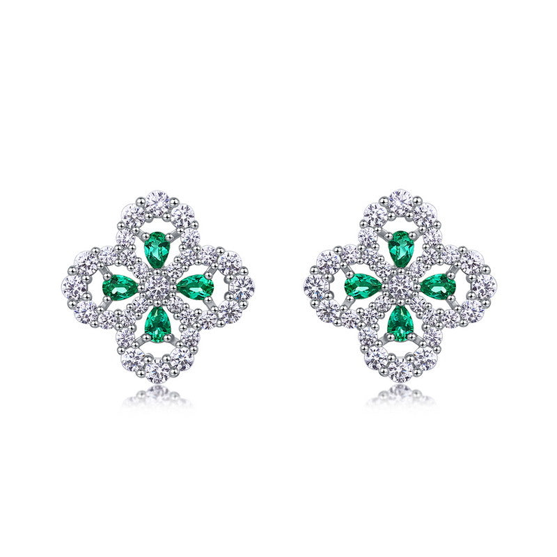 Lucky Clover Lab-Grown Emerald Stud Earrings | 925 Sterling Silver | Dapaza