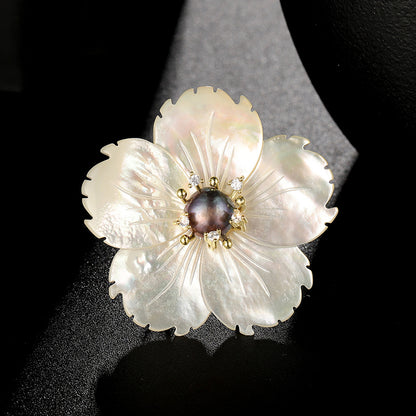 Natural Sea Shell Freshwater Pearl Peach Blossom Flower Brooch