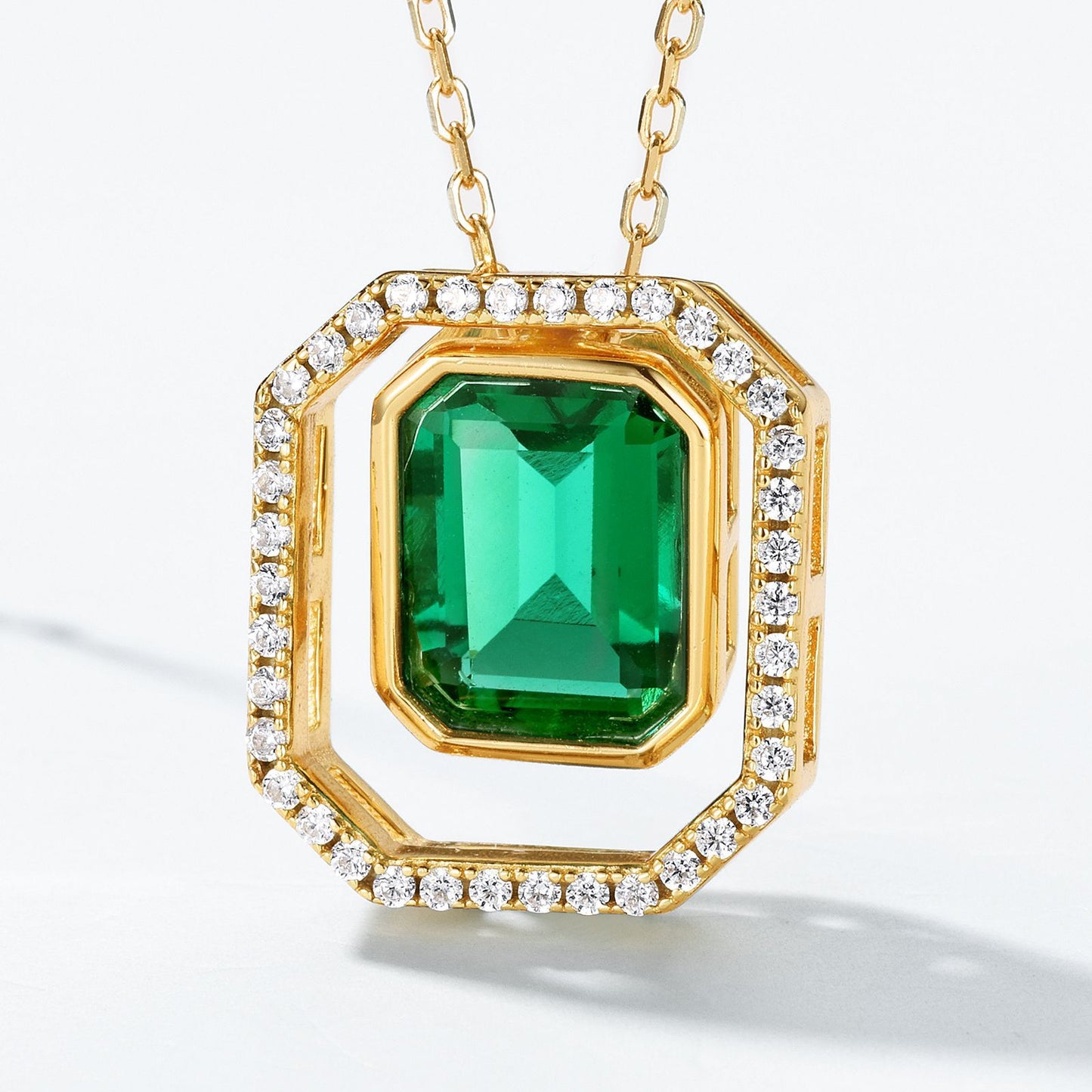 Geometric Lab-Grown Emerald Double Pendant Necklace - 10K Gold Plated S925 Silver