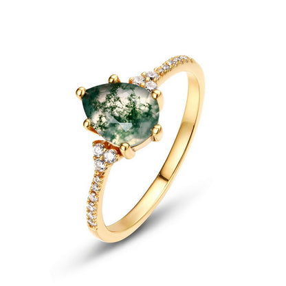 Pear-Cut Natural Moss Agate Ring - 10K Gold & S925 Sterling Silver Band