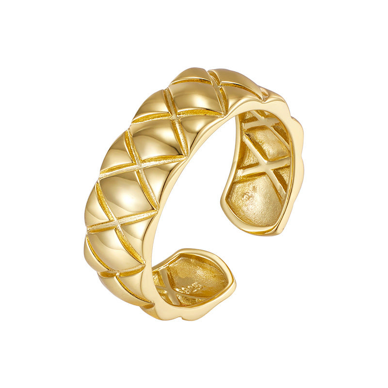 Classic S925 Sterling Silver Diamond Pattern Ring - Heavily Crafted, Exquisite, and Adjustable Open Ring
