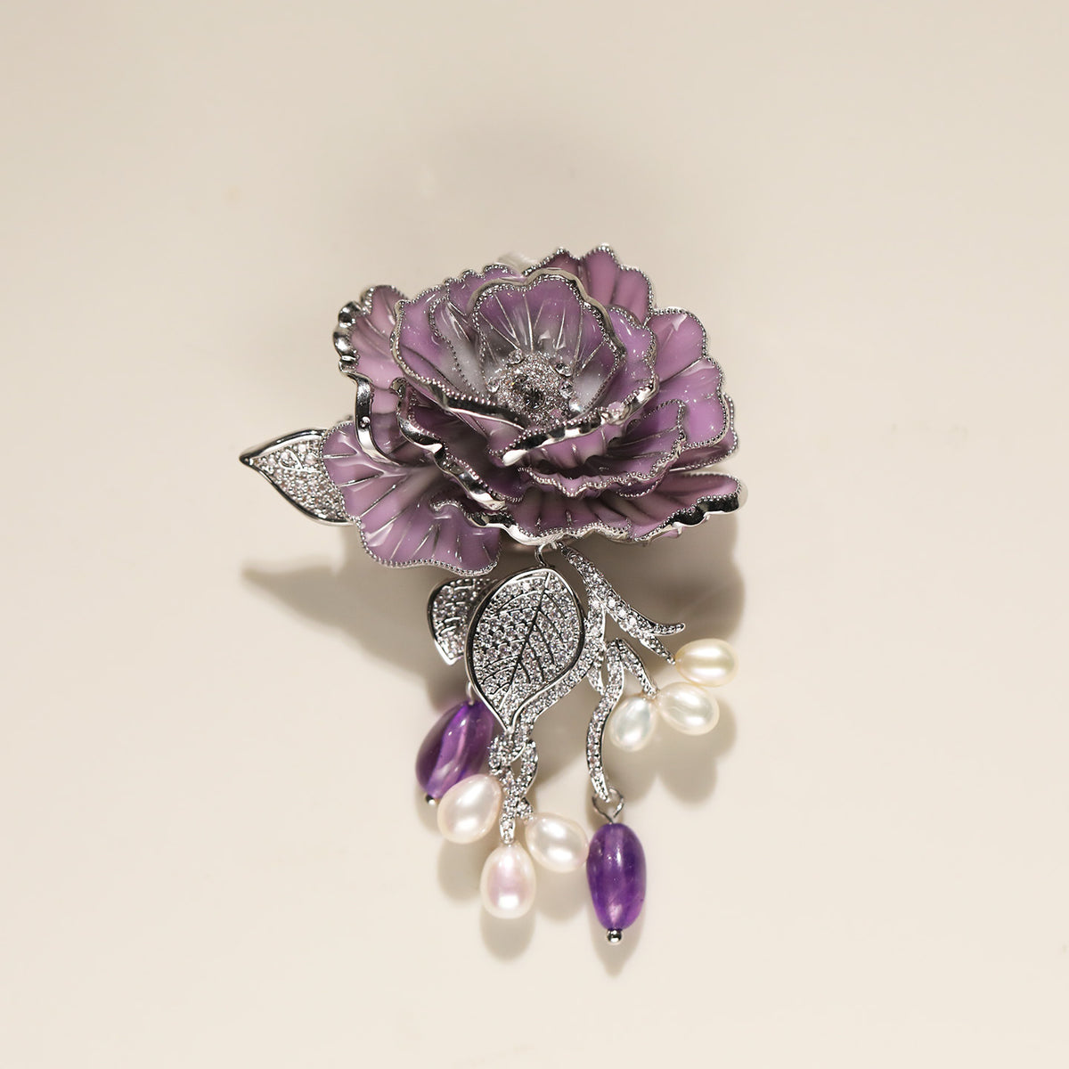 Purple Rose Brooch - Natural Pearl & Amethyst Corsage Accessory